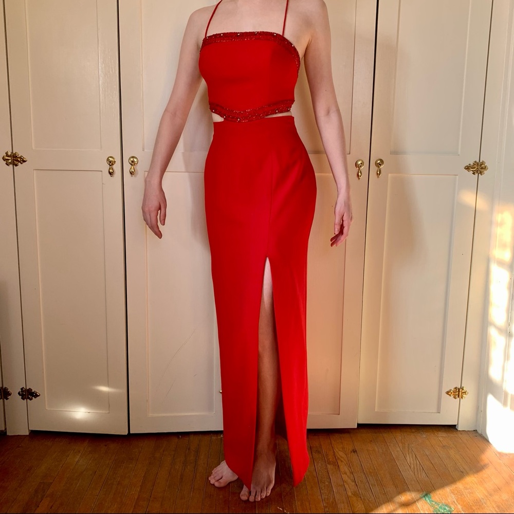 2010s red beaded cutout prom dress